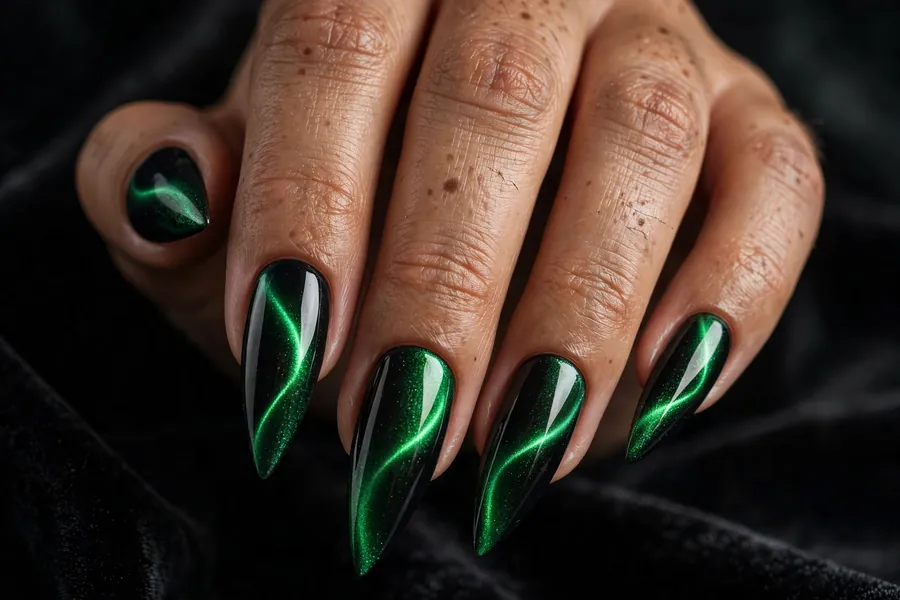 Stiletto nails with black-to-emerald two tone cat eye nail polish, dark magnetic shimmer