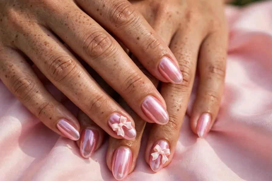 Jelly pink chrome nails with delicate 3D bow charms