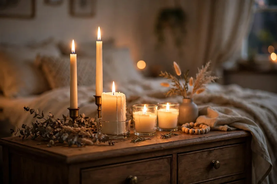 lit candles on a bedroom dresser creating a warm evening glow