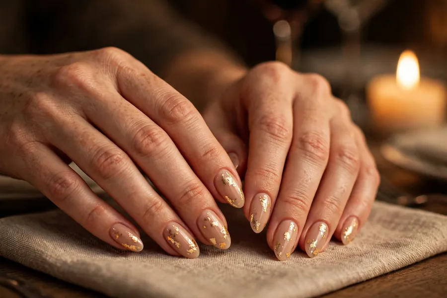 Nude date night nails with gold foil flakes on real hands near candlelight