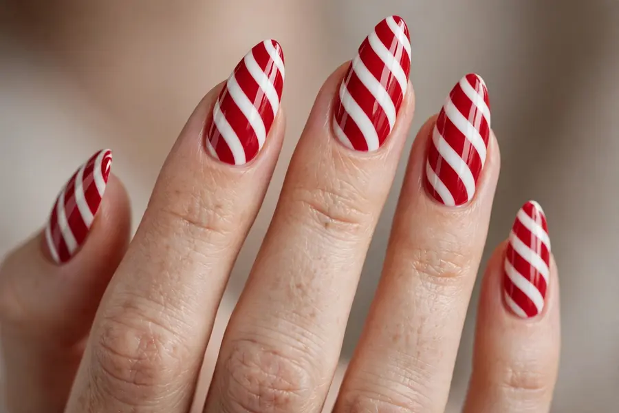Red and white candy cane diagonal striped almond nails on real hands