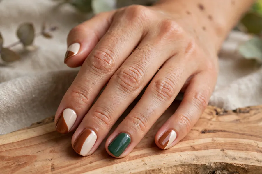 Cedar brown and cream two-tone nails with evergreen accent on real hands
