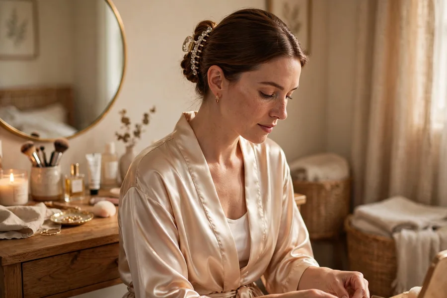 getting ready with a champagne crystal clip in a low bun