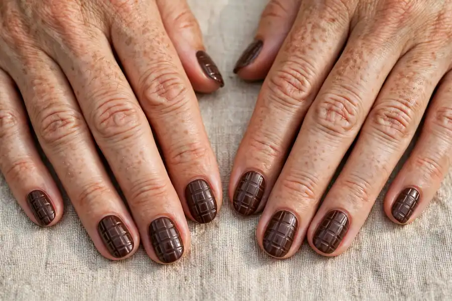 Chocolate bar square pattern hot chocolate nails on real hands
