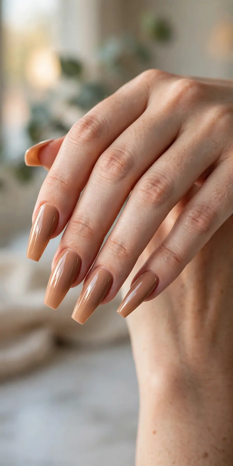 Long coffin caramel nude nails, latte-inspired manicure