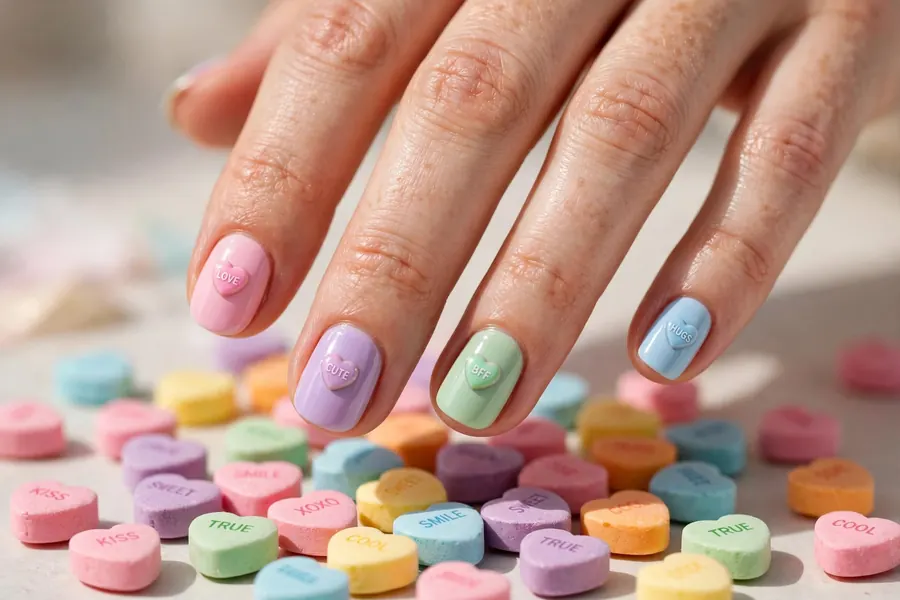 Conversation heart Valentine's Day nails with pastel candy designs