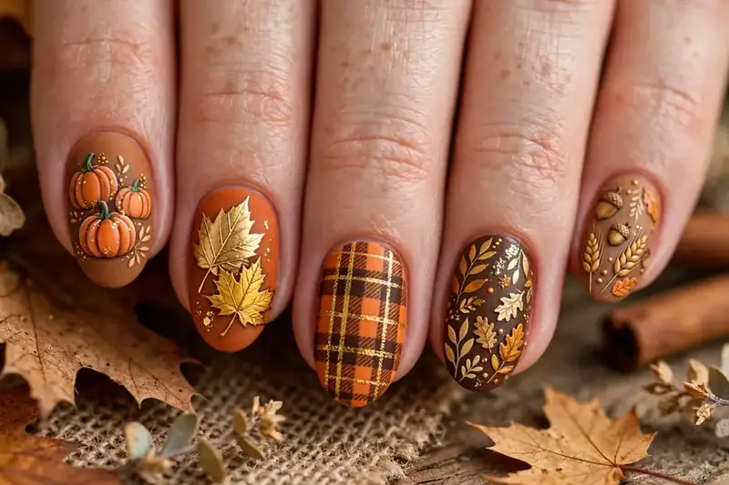 Harvest mix and match Thanksgiving nail art