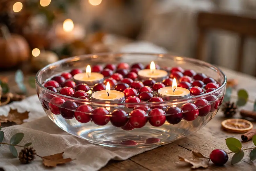 Glass bowl of fresh cranberries with floating candles for thanksgiving