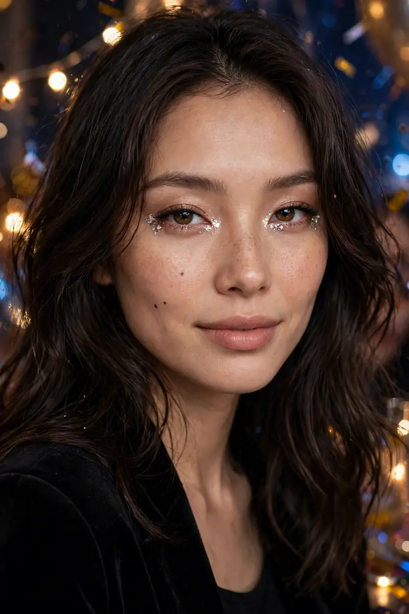Woman with a crystal shimmer pop at the inner eye corners for New Year's Eve