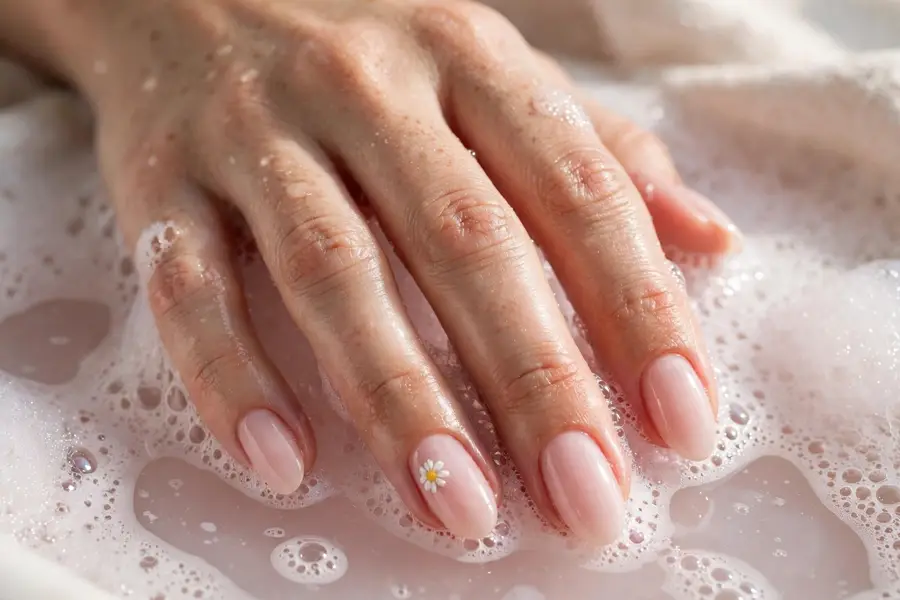 Sheer pink bubble bath nails with tiny daisy accent on real hands