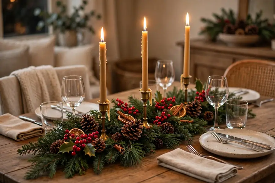 Dining table with evergreen runner, taper candles and classic red Christmas accents