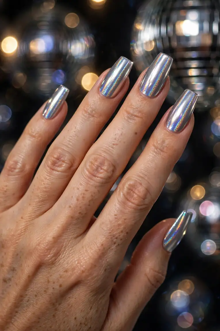 Silver holographic disco ball birthday nails