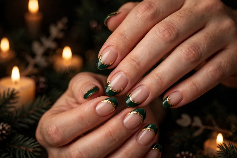 Deep forest green and gold foil Christmas French tip nails on real hands by candlelight