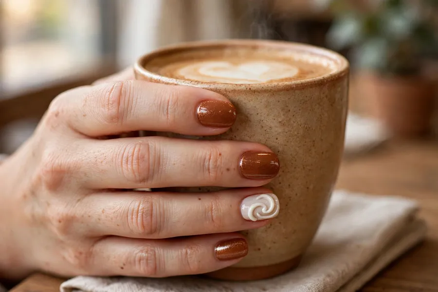 Gingerbread latte december nail ideas in warm spiced brown with cinnamon shimmer