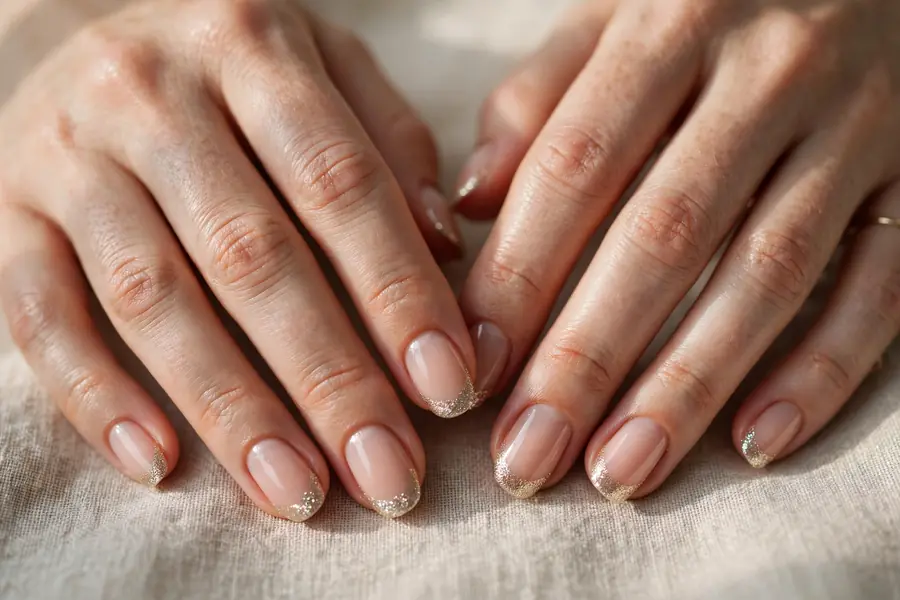Glitter French tip nails on real hands in soft light