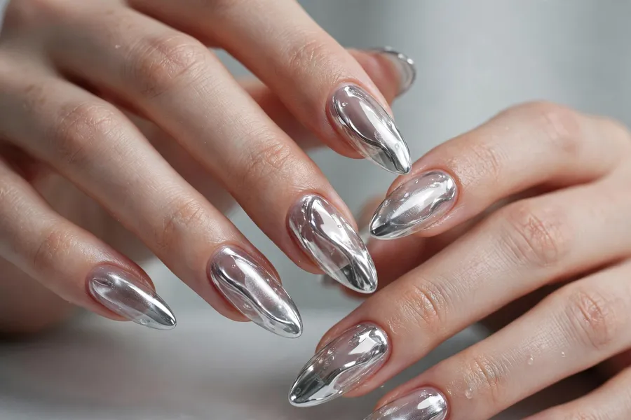 Iced silver chrome glass nails on real hands