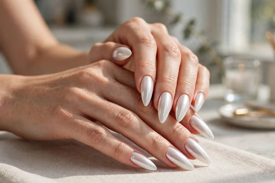 Long almond milky white chrome nails with a high-shine glow