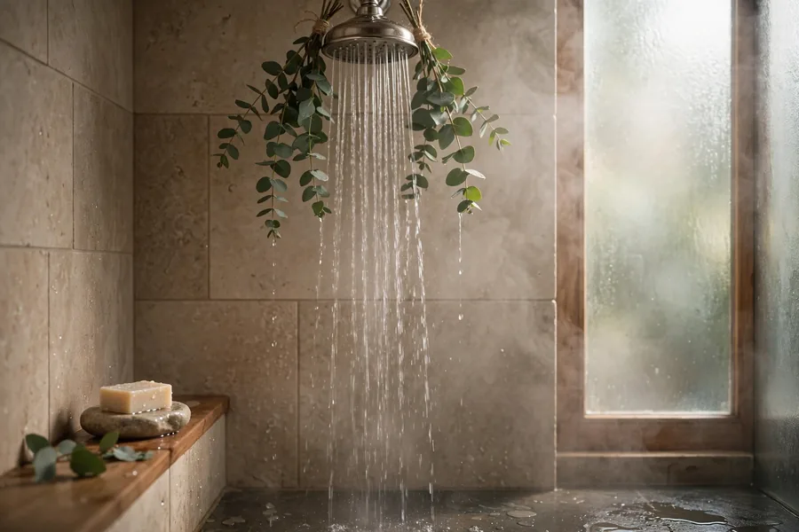 Lukewarm shower water in a softly lit bathroom
