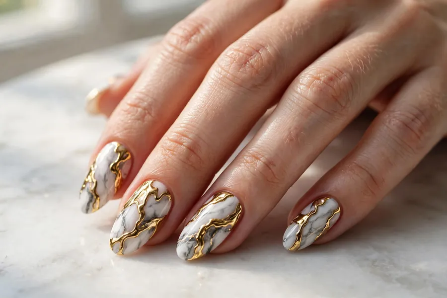 Hand with white marble nails veined with molten gold chrome