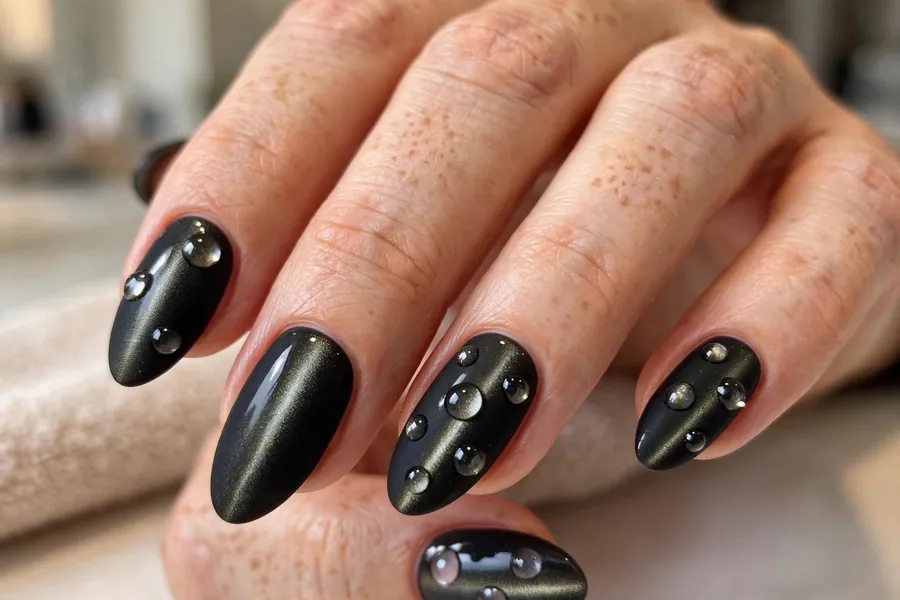 Matte black polka dot cat eye nails with glossy raised dots