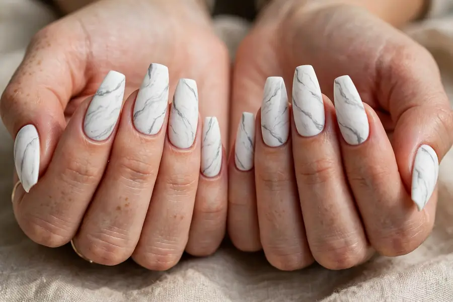 Matte white marble nails with grey veining