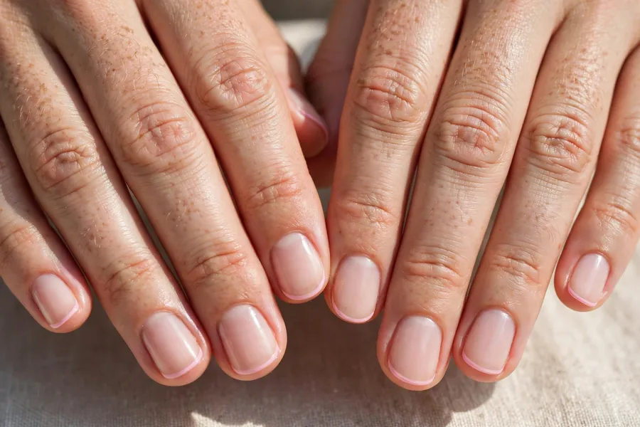 Micro blush French nails on real hands with very thin pink tips