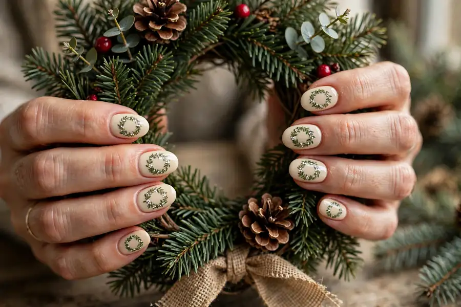 Mistletoe wreath design on mistletoe nails on real hands holding a Christmas wreath