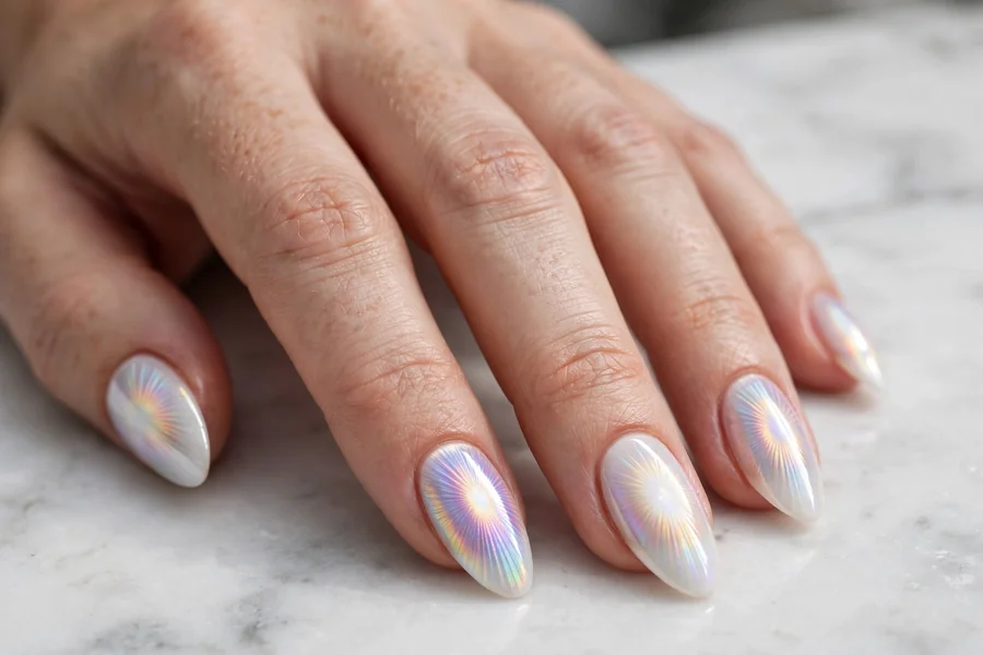 Moonstone aura nails with pearly white iridescent shimmer
