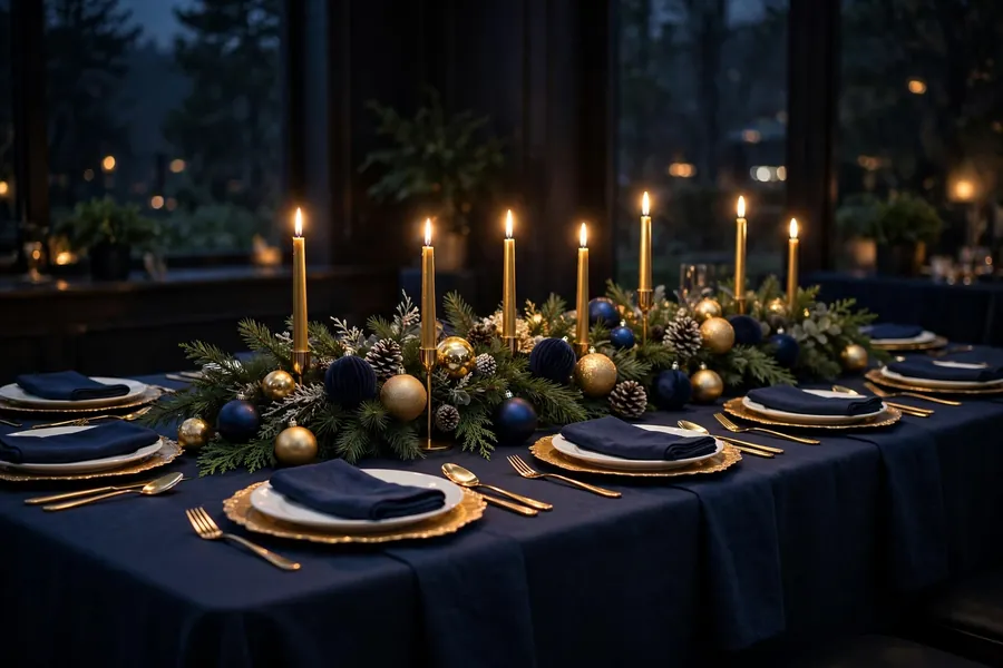 Navy blue and gold christmas table setting with gold candles