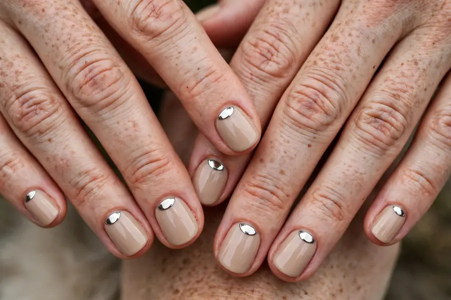 Nude nails with silver chrome half moon accents on real hands