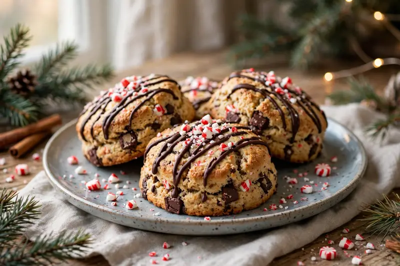 Peppermint chocolate scones with chocolate drizzle on a plate