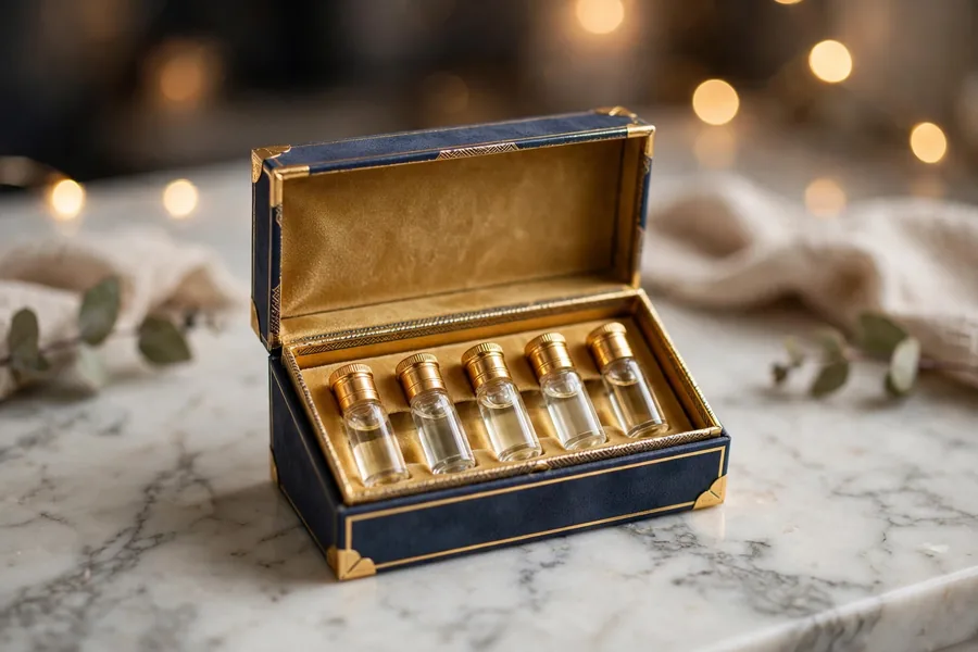 Mini perfume discovery set with five tiny glass vials in a gift box