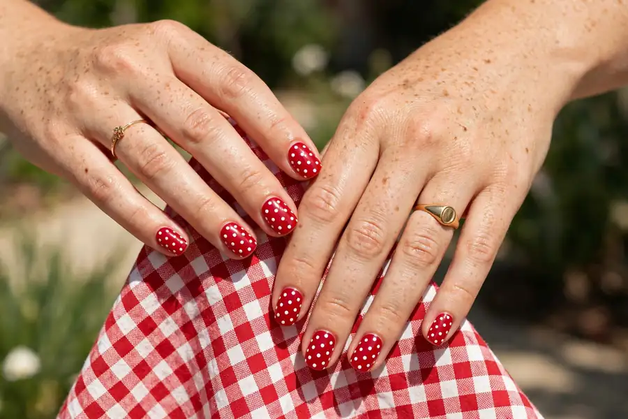 Red nails with white polka dots on real hands in vintage pin-up style