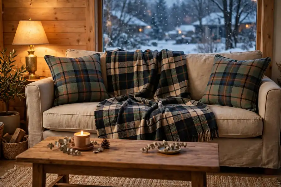 plaid cushions and a throw adding pattern to a cozy living room sofa
