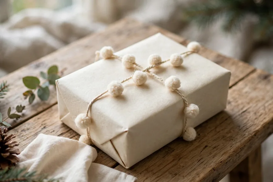 A Christmas gift wrapped in cream paper decorated with small wool pom-poms