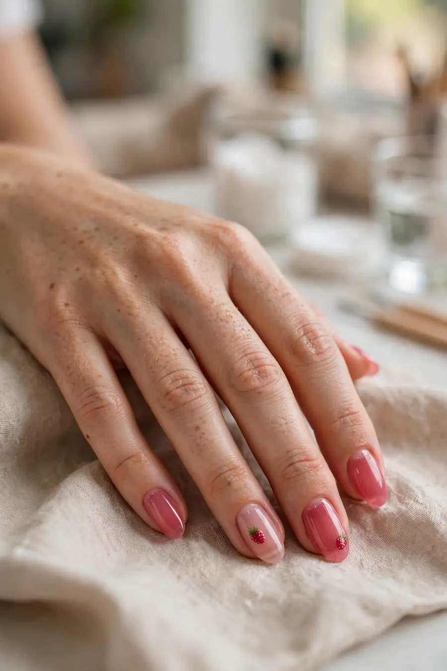 Raspberry jelly nails with tiny hand-painted raspberry fruit art accents