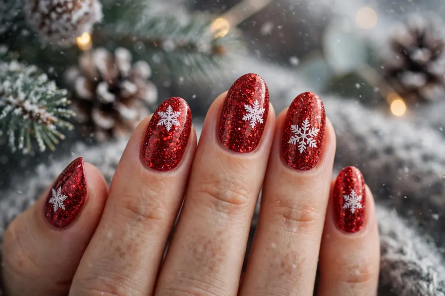 Red glitter nails with white snowflake decals