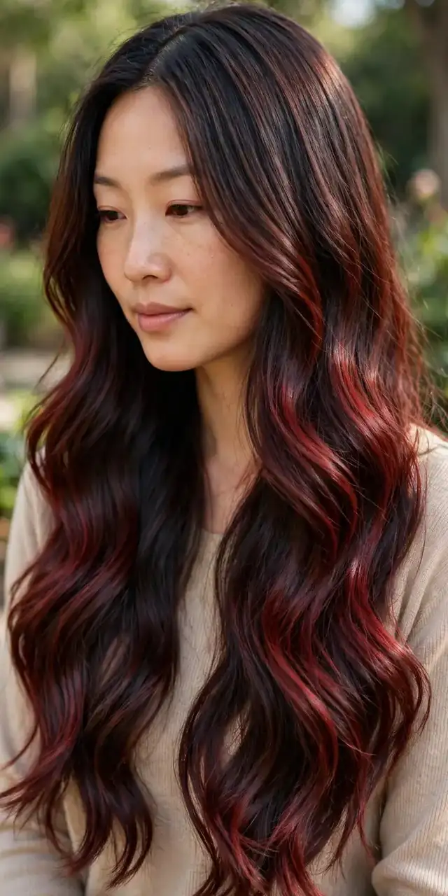 Cherry cola brunette root melt with soft grow-out, low maintenance hair color