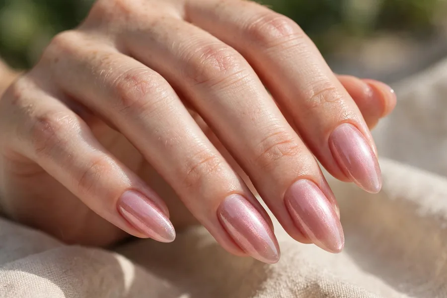 Real hand with shimmery rose quartz lip gloss nails, luminous shine
