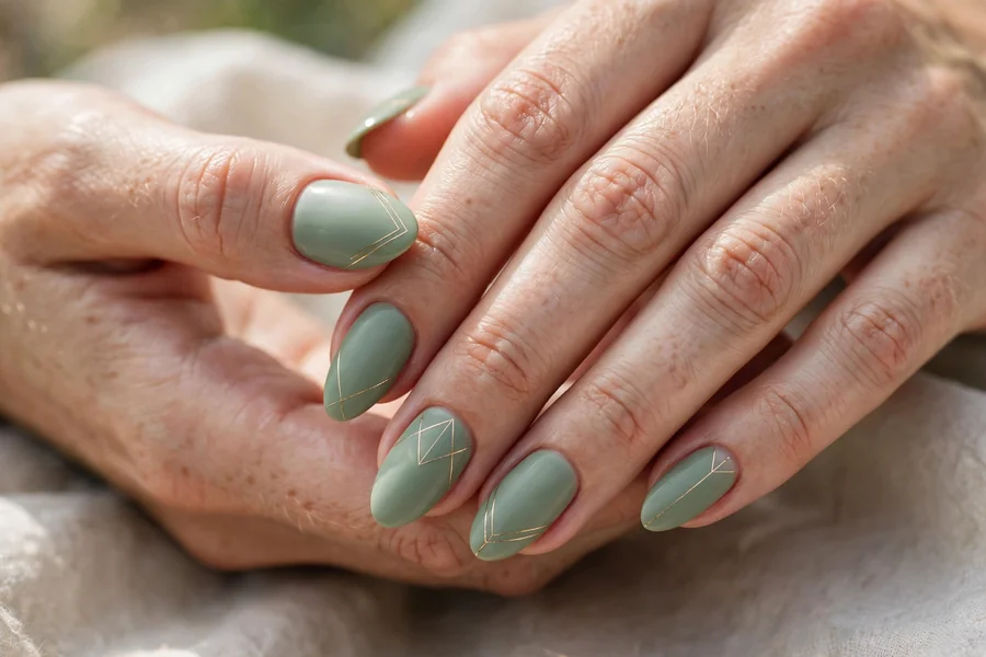 Sage green almond nails with fine gold lines
