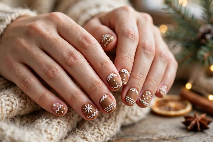 Short gingerbread nails with tiny icing details on real hands