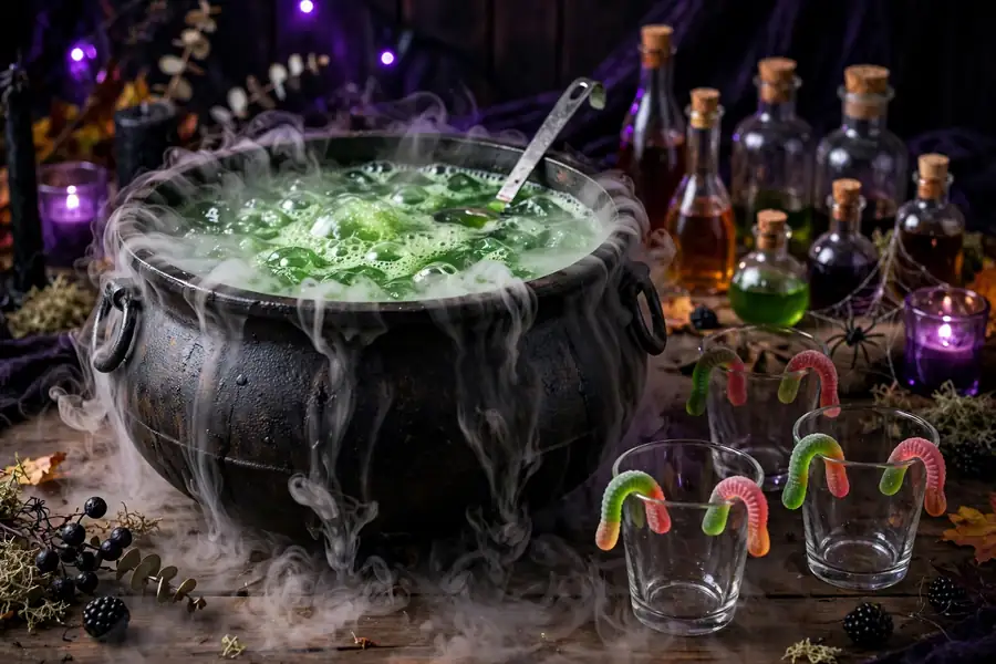 Smoking Halloween punch bowl in a black cauldron with green punch, dry ice fog and gummy garnishes