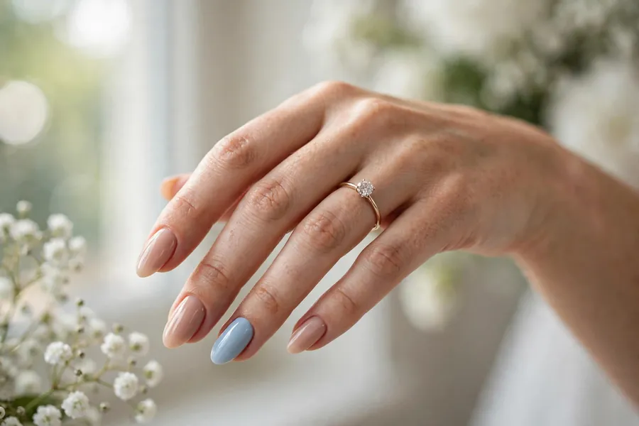Bridal nails with a delicate something-blue accent nail