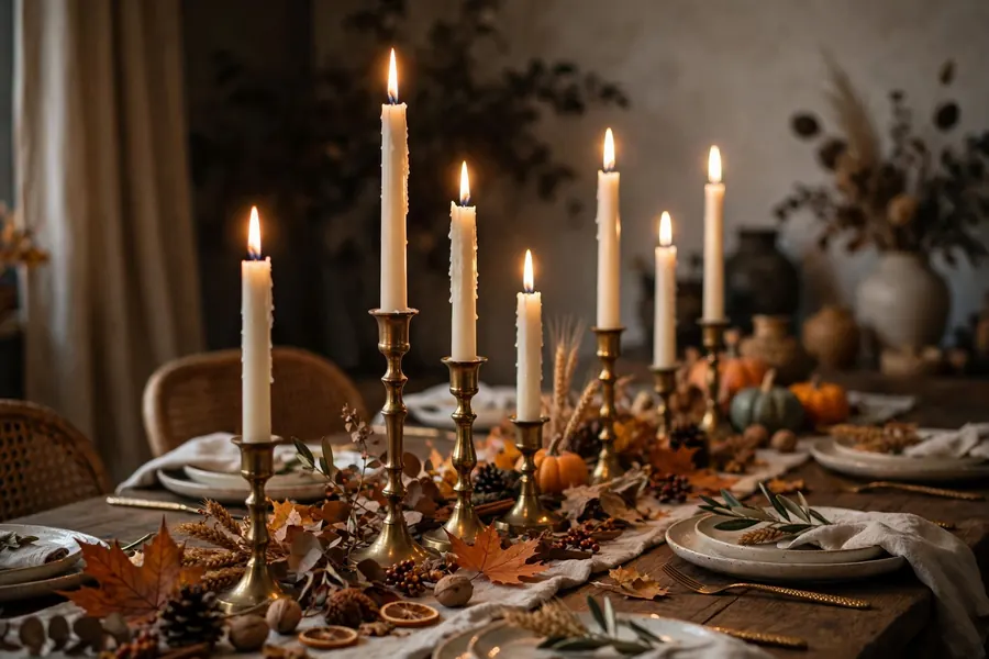 Fall home decor ideas with taper candles in brass holders
