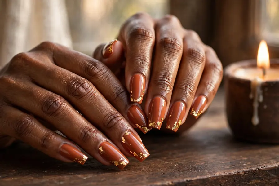 Terracotta earthy nails with gold foil flakes on real hands