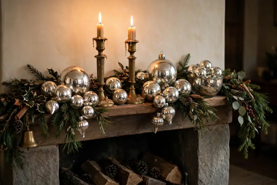 Vintage brass candlesticks and mercury glass ornaments on a Christmas mantel