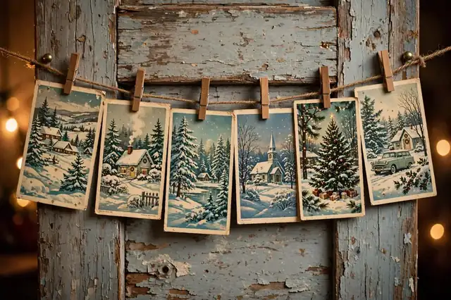 Vintage 1950s Christmas cards pinned on a ribbon across a wooden wall