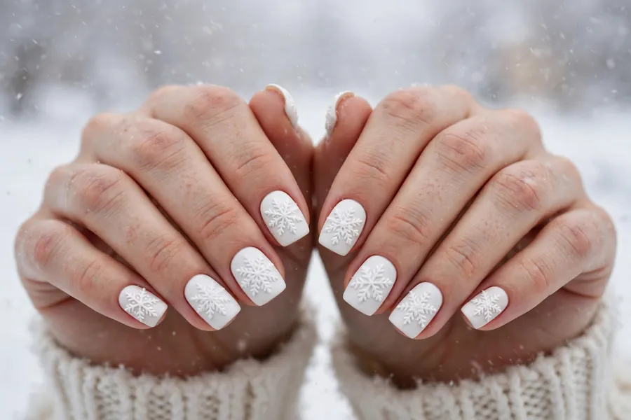 All-white nails with raised textured white snowflake nail art and matte finish on real hands