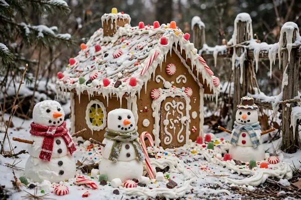 Photorealistic photograph of a gingerbread house yard with marshmallow snowmen and candy decorations in snow icing