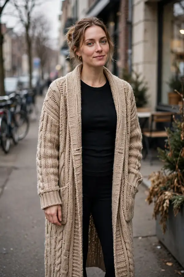 Woman in a longline beige knit coat over black leggings and a fitted top